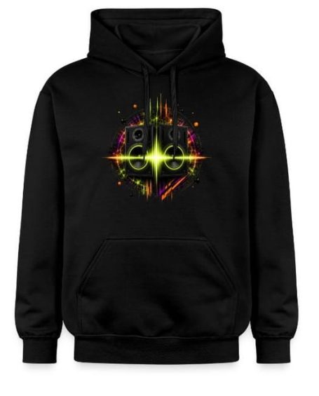 Techno Lautsprecher Hoodie Neon gelbes und orange farbenes Techno Outfit Kapuzenpullover im elektronischen Techno-Stil – Kleidung, Bekleidung Hoodie