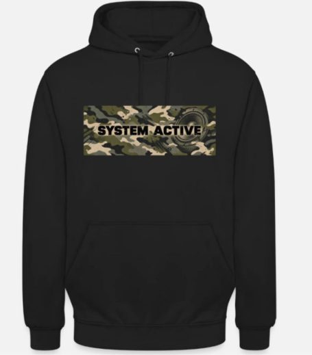 Techno Camo Camouflage Militär Look "System Active" Streetwer Style Musik Outfit Design Hoodie Kapuzen-Pullover für Damen und Herren 