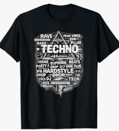 Maglietta con parole in gergo techno Maglietta con scritte in gergo techno EDM e rave: design regalo per festival e locali, abbigliamento per uomo e donna