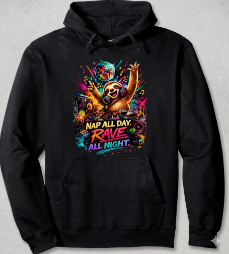 Techno Sloth Hoodie Funny Lazy Techno Music Sloth Animal Saying DJ Party Festival Rave Gift Design Pullover Hoodie for Friends or Men and Women