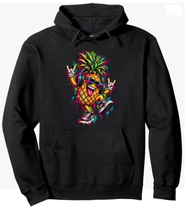 Funny Dancing Pineapple Hoodie Smiling Funny Dancing Pineapple Fruit with Sunglasses and Headphones and Sneakers Techno Electronic Music Hoodie Clothing Merch Gift